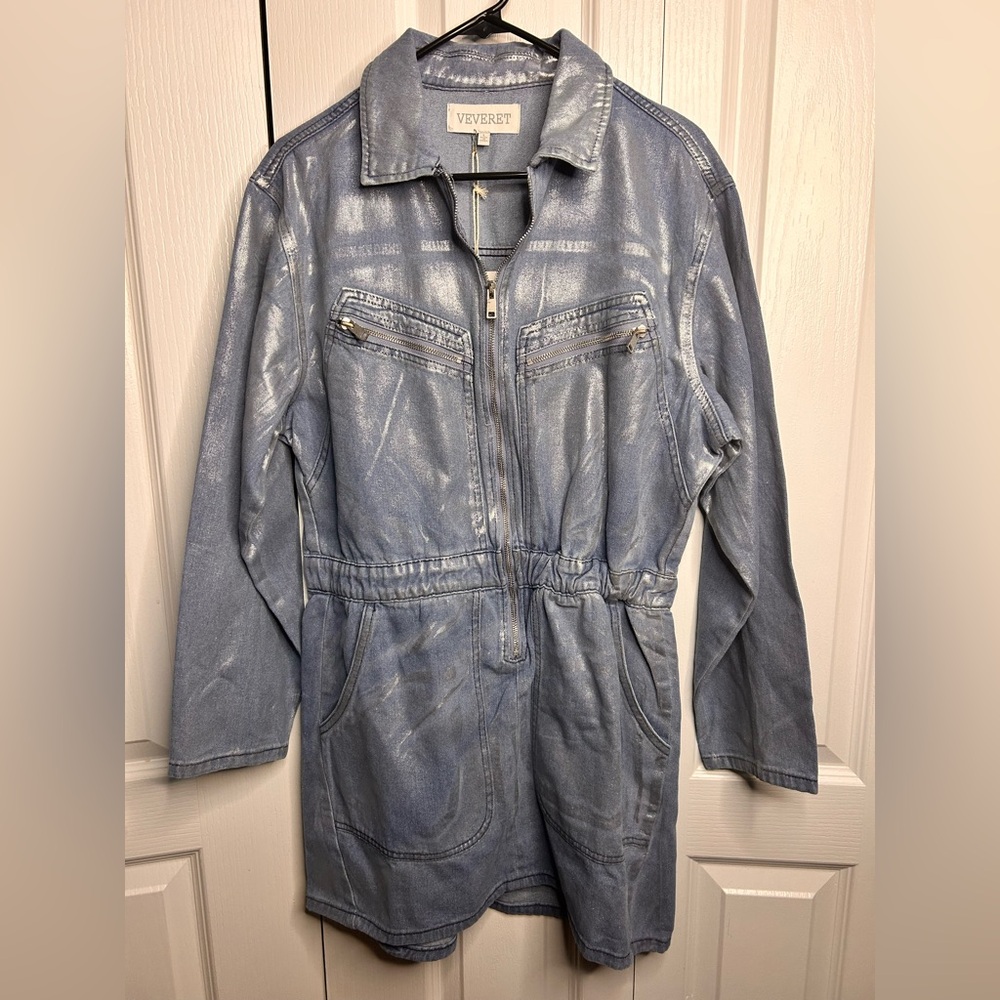 Veveret Women’s Denim Shimmer Zip Collared Long Sleeve Dress Size Large L NWT